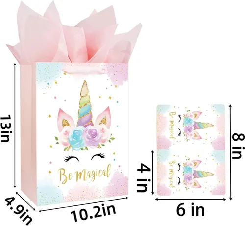 Vista 2 de Bolsa de regalo de unicornios grandes de 13 pulgadas para cumpleaños, baby shower, bolsa de regalo para niña con tarjeta y papel de seda, diseño