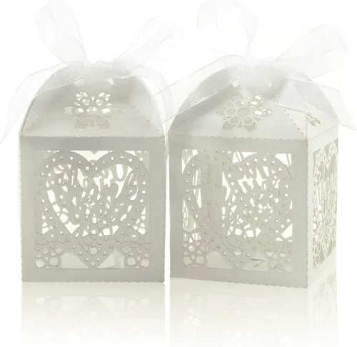 Vista 12 de COTOPHER Cajas cortadas con láser, 60 cajas de regalo de agradecimiento, cajas de regalo de boda, cajas de dulces de encaje para bodas, despedidas