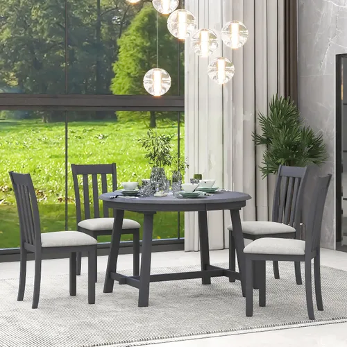 Vista 2 de Juego de mesa de comedor de madera de 5 piezas, mesa de comedor redonda extensible con 4 sillas de comedor, juego de mesa de cocina