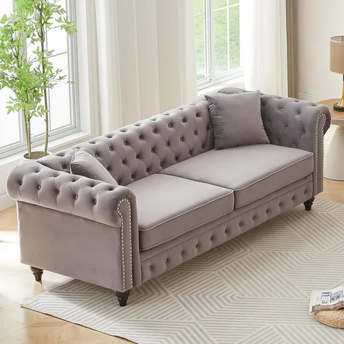 Vista 16 de Harper & Bright Designs Sofá Chesterfield de terciopelo de 62 pulgadas de dos plazas, moderno y clásico con brazo enrollado con botones y decoración
