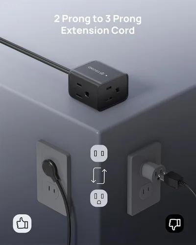 Vista 2 de TROND Cable de extensión de interior de 2 a 3 clavijas de 1.5 pies – Enchufe plano polarizado para detrás de muebles, pequeño extensor de salida