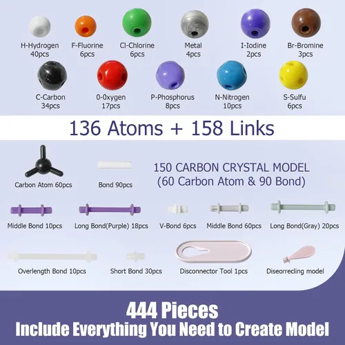 Vista 7 de Kit de modelo de química orgánica de 444 piezas para el aprendizaje de química orgánica e inorgánica, kit de modelo molecular, malla molecular
