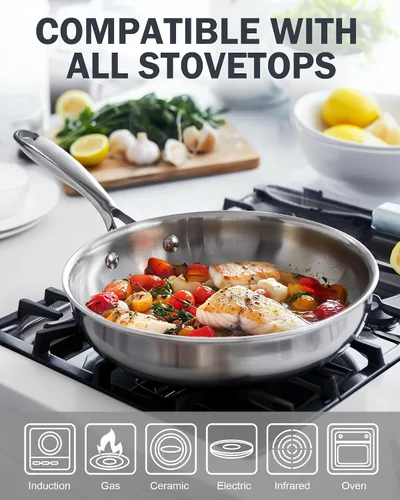 Vista 3 de Cooks Standard Sartén de Freír de Acero Inoxidable, Wok Sartén para Saltear Multicapa de 8 Pulgadas, Sartén de Cocina, Plateado
