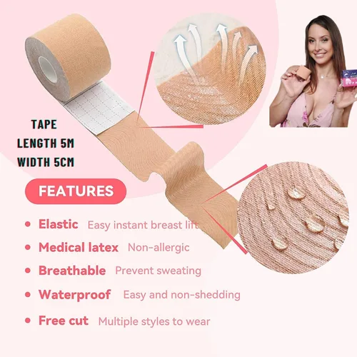 Vista 3 de Zeester - Rollo de cinta adhesiva para pezones de 2.0 x 2.0in con 2 pares de fundas de silicona para pezones, cinta adhesiva transpirable