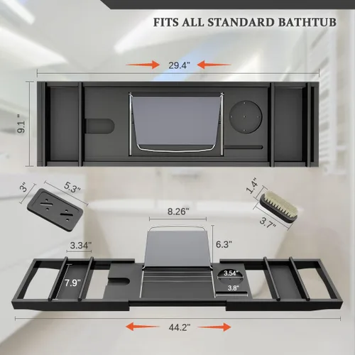 Vista 7 de Bandeja de baño para tina, bandeja organizadora ajustable de bambú con jabonera, ideal para spa de lujo o lectura (negro)