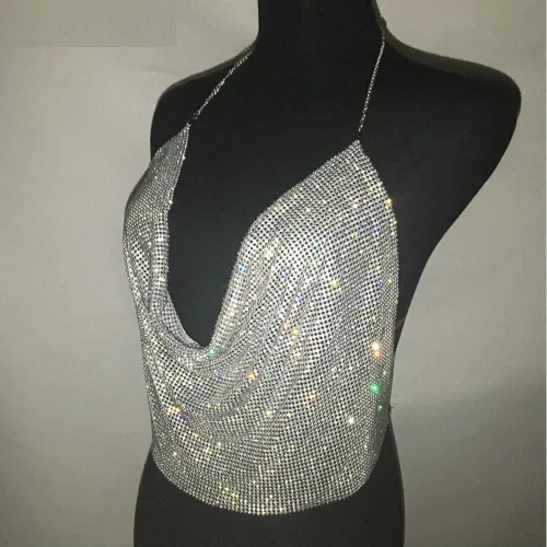 Vista 6 de RARITYUS Camiseta sin mangas sexy con lentejuelas brillantes para mujer, cuello en V profundo, camiseta corta para discoteca, fiesta, rave