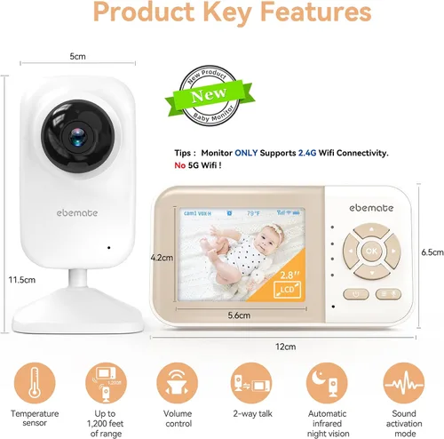 Vista 2 de ebemate Cámara de Monitoreo de Bebé con Video, Cámara de Monitoreo de Audio de Comunicación Bidireccional con Canciones de Cuna Monitoreo de Bebé