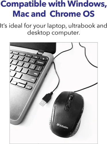 Vista 7 de Verbatim Ratón con cable para computadora, ratón USB con cable para laptops y PC - Uso para mano derecha o izquierda, Negro