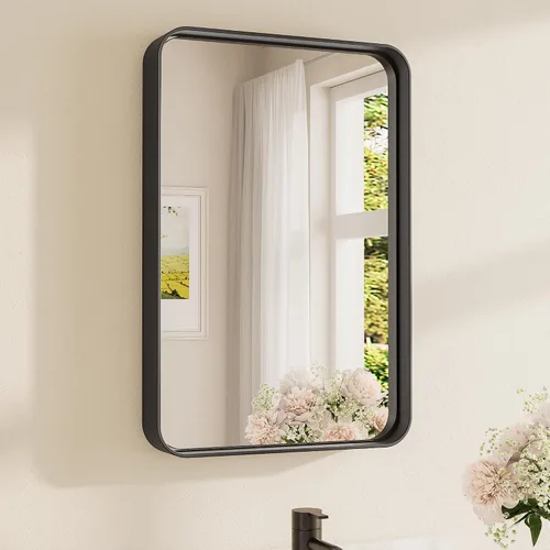 Vista 77 de Espejo de marco dorado cepillado de 16 x 24 pulgadas, espejo de tocador de baño de latón dorado para pared, espejo enmarcado rectangular de esquina