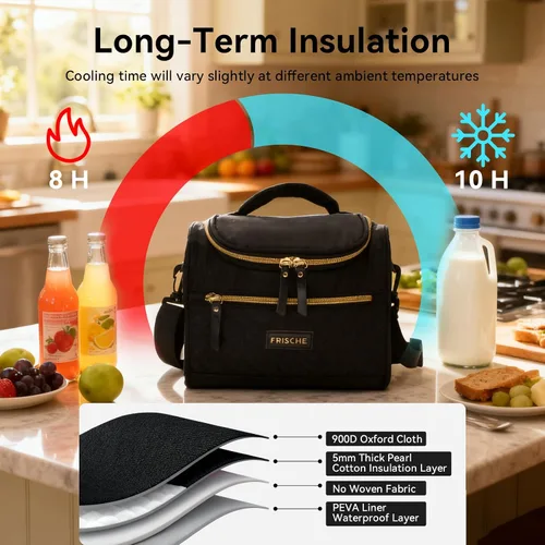 Vista 4 de Lonchera para mujer, reutilizable, aislada, con correa de hombro ajustable y bolsillo frontal, a prueba de fugas, térmicas, a prueba de fugas, Negro