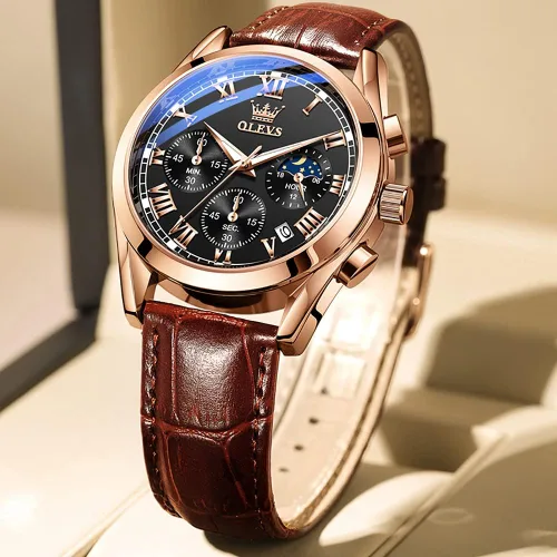 Vista 4 de OLEVS - Reloj de pulsera de cuero para hombre, analógico de cuarzo, cronógrafo de lujo con fecha, impermeable, luminoso - Estilo de vestir