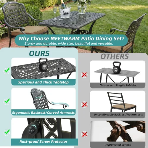 Vista 2 de MEETWARM Juego de 3 piezas de muebles de comedor de aluminio fundido para todo tipo de clima, incluye 2 sillas acolchadas y una mesa rectangular