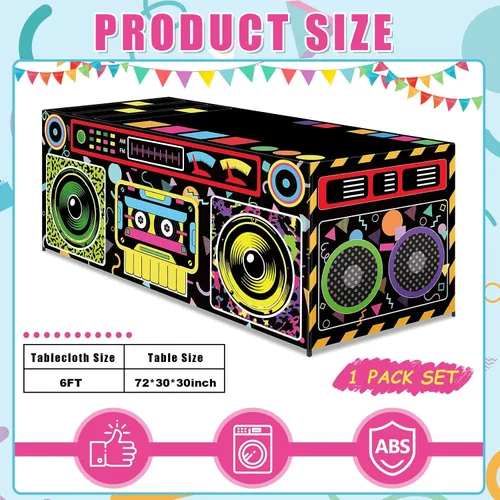 Vista 2 de Mantel temático de 6 pies, 80 y 90, decoración de fiesta de cumpleaños, funda de mesa clásica de radio Boombox, tela lavable, de poliéster, hip hop