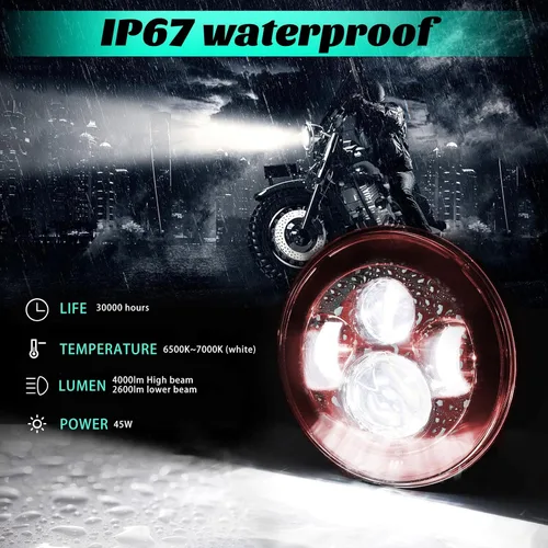 Vista 4 de SKTYANTS Faro delantero de motocicleta de 7 pulgadas LED rojo Faro de motocicleta proyector compatible con Touring Street Electra Glide Road King
