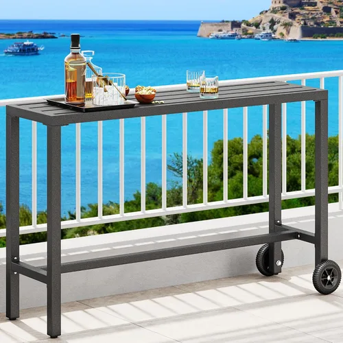 Vista 9 de YITAHOME Mesa de bar de 55 pulgadas para exteriores, mesa de contador estrecha rectangular, mesa de altura de bar ideal para balcón, patio, jardín