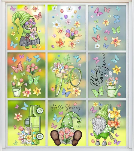 Vista 2 de Whaline 106 calcomanías de PVC reutilizables para ventana de primavera, acuarela, gnomo, mariposa, flores, calcomanías de PVC reutilizables