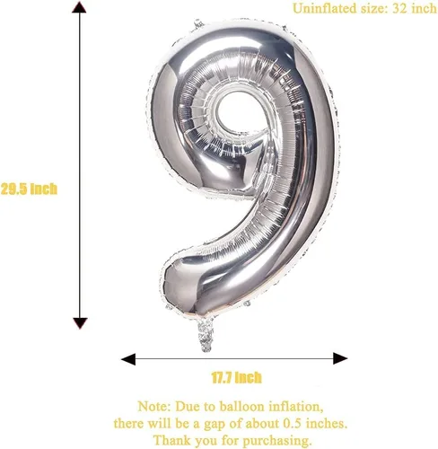 Vista 3 de Globos plateados de 32 pulgadas con el número 9, globos de aluminio digitales para decoración de fiesta de cumpleaños (globo plateado del número 9)