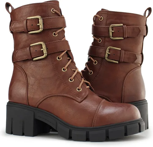 Vista 3 de Tobfis Botas de combate para mujer con hebilla lateral y tacón grueso, Negro, 0
