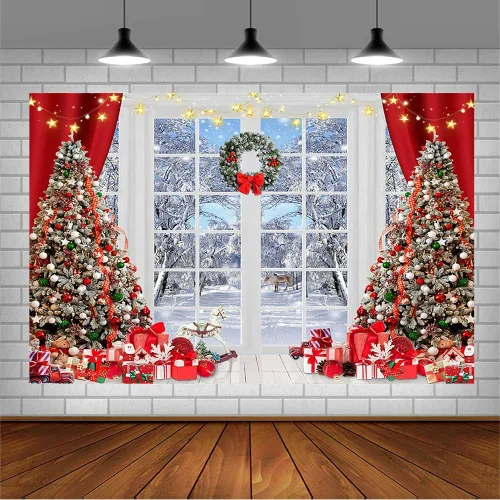 Vista 3 de AIBIIN Telón de fondo de Navidad de invierno de 7 x 5 pies, para fotografía, árbol de Navidad, regalo de Feliz Navidad, pancarta del país