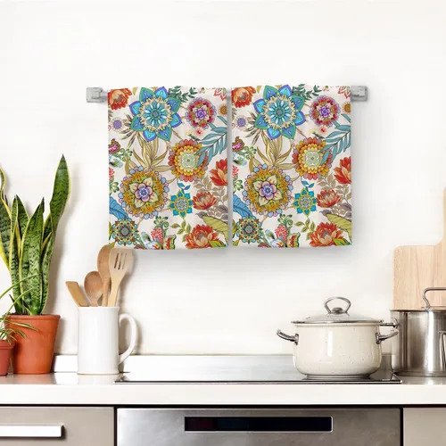 Vista 6 de Juego de toallas de cocina florales bohemias, juego de trapos de cocina absorbentes con mandala bohemios, juego de paños de cocina con flores