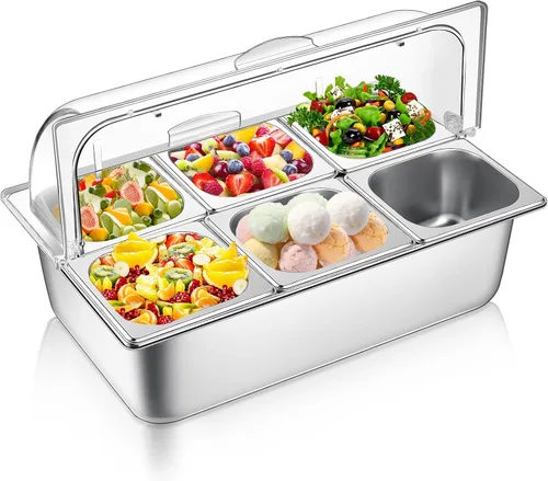 Vista 8 de Ziliny - Contenedor de 6 bandejas para servir alimentos para encimera, transparente, color dorado Stainless Steel Ice Food Serving Tray, Buffet
