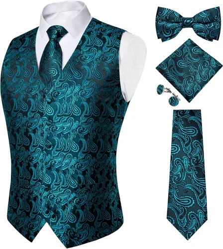 Vista 20 de DiBanGu Conjunto de 5 chalecos de seda con corbata y corbatín para hombre Paisley oro negro