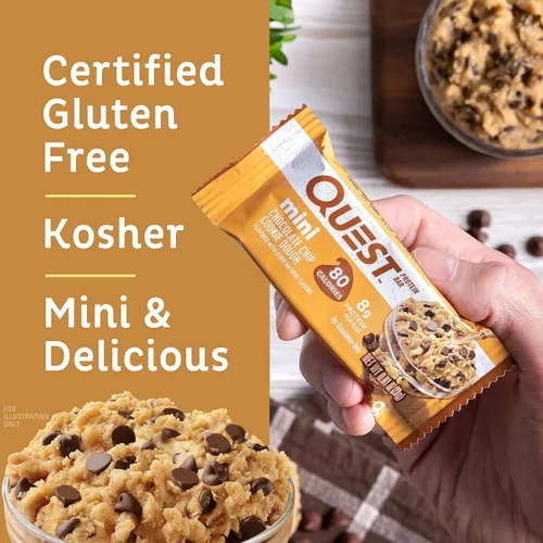 Vista 5 de Quest Nutrition Mini barras de proteína de masa de galletas con chispas de chocolate, 0.28 oz de proteína, 0.04 oz de azúcar, 0.07 oz