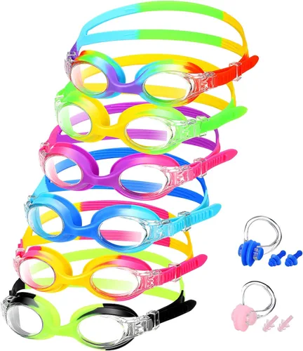 Vista 13 de Macarrie 6 gafas de natación para niños, sin fugas, antiniebla, para niños y niñas, con clip para la nariz, tapones para los oídos, de 3 a 14 años