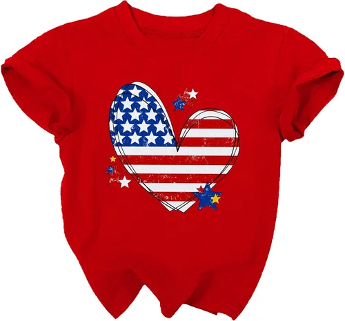 Vista 4 de Camisa con bandera americana para niños y niñas, diseño de corazón con bandera de Estados Unidos, camiseta patriótica del 4 de julio