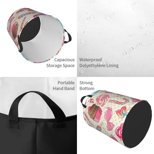 Vista 4 de Cesta de almacenamiento circular Protable con estampado de magdalena de piruleta dulce, cesta para ropa sucia con asas, ropa de dormitorio