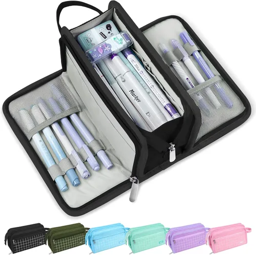 Vista 13 de Sooez Estuche grande para lápices, bolsa para lápices de gran capacidad con 3 compartimentos, organizador portátil de artículos de papelería de lona