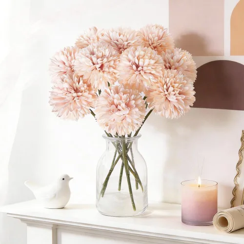 Vista 11 de Mini flores artificiales de crisantemo, 10 tallos de pompón sintético para arreglos de jarrón, decoración del hogar (beige)