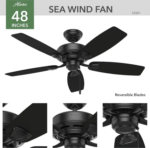 Vista 7 de Hunter Ventilador de techo, viento marino, exterior o interior, 48 pulgadas Negro