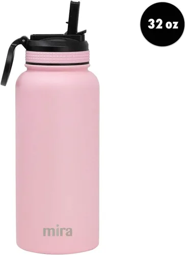 Vista 2 de MIRA - Botella de agua, de acero inoxidable, con tapa con popote sin BPA, con aislamiento al vacío que mantiene el frío durante 24horas y el calor