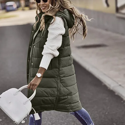Vista 7 de OSFVNOXV Chaqueta larga acolchada para mujer, abrigo de invierno con cremallera completa, sin mangas, con capucha, cálidos, cortavientos gruesos
