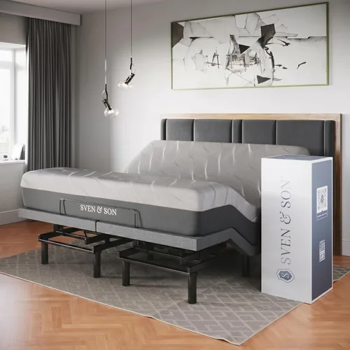 Vista 9 de Sven & Son Base de cama ajustable clásica, elevación de cabeza y pies, masaje, luces bajo la cama, USB, memoria de gel, marco inteligente