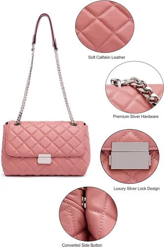 Vista 3 de DORIS&JACKY Bolso acolchado para mujer, de piel auténtica, con correa de cadena de metal y cierre de solapa