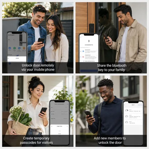 Vista 4 de Cerradura de puerta inteligente con asa, cerrojo de entrada sin llave con huella digital, teclado de pantalla táctil, control de aplicación Tuya