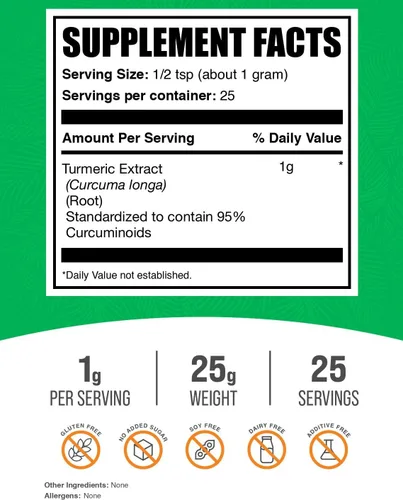Vista 2 de Extracto de cúrcuma en polvo Bulksupplements, pura curcumina 95% natural, 1