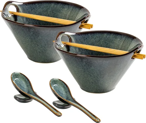 Vista 19 de UNICASA Juego de 2 cuencos japoneses para ramen con palillos, cucharas y reposos, 26 onzas, para fideos de porcelana profunda, Udon, Pho, ensalada