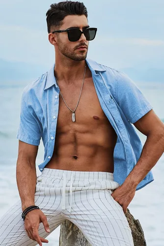 Vista 190 de JMIERR Camisas de vestir a rayas con botones y manga corta para hombre