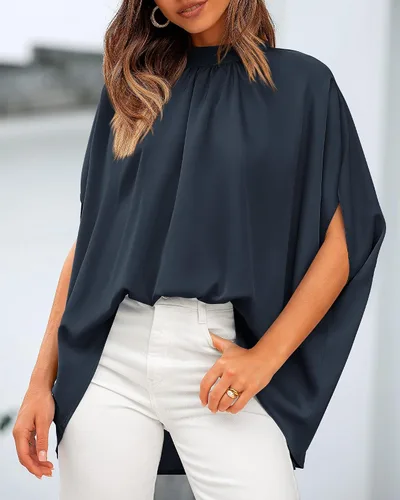 Vista 132 de BTFBM Blusas de verano para mujer, cuello alto falso, manga murciélago, holgadas, dobladillo alto y bajo, blusas informales de gran