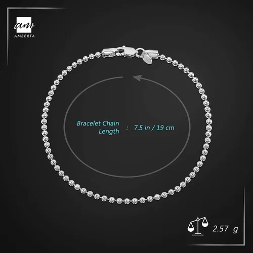 Vista 3 de Amberta Pulsera de cadena de bola de plata de ley 925 de 0.079in, tamaño 7 pulgadas, 7.5 pulgadas, Metal