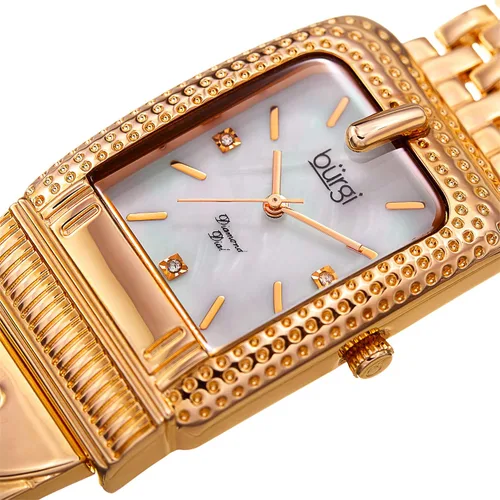 Vista 2 de Burgi BUR171 - Reloj rectangular de lujo para mujer, esfera de nácar con 3 marcadores de hora de diamante en pulsera de eslabones de acero inoxidable