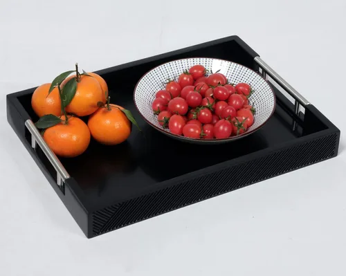 Vista 4 de Bandeja para servir con asas de metal pulido, bandeja rectangular para mesa de café de 16.5''x12'', bandeja decorativa moderna, bandeja otomana Negro