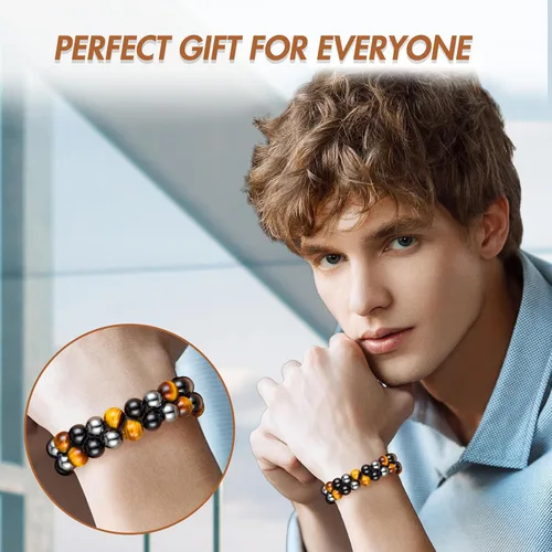 Vista 10 de MIDON - Pulsera de ojo de tigre, pulsera de triple protección para hombres y mujeres, hecha a mano, cuentas de ojo de tigre, hematita y obsidiana