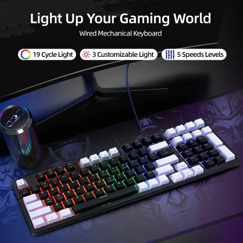Vista 2 de Teclado mecánico para juegos, llave completa, compacto, con cable, retroiluminado, RGB, interruptores rojos, intercambiables en caliente, USB C