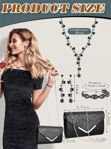 Vista 2 de Henoyso Juego de 5 piezas de joyería de diamantes de imitación con diamantes de imitación, bolso de mano para novia, graduación, collar, aretes