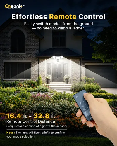 Vista 8 de Ensenior - Luces solares de movimiento para exteriores, 228 luces LED de seguridad solar con control remoto, IP65 impermeable, 3 cabezales de luz