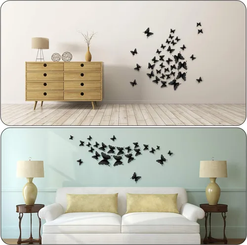 Vista 2 de 48 calcomanías 3D, espejadas, de mariposa, adhesivos para pared, para manualidades, decoración de pared para el hogar, 3 tamaños Negro